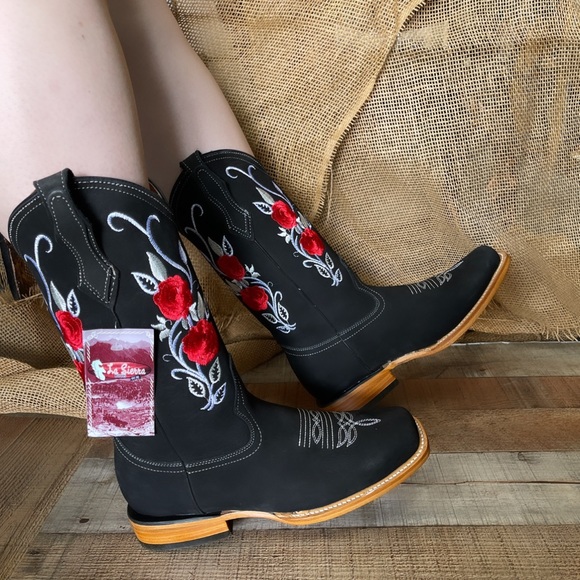 Women's Western Cowgirl Rodeo black Leather Boots Bota Vaquera Mujer